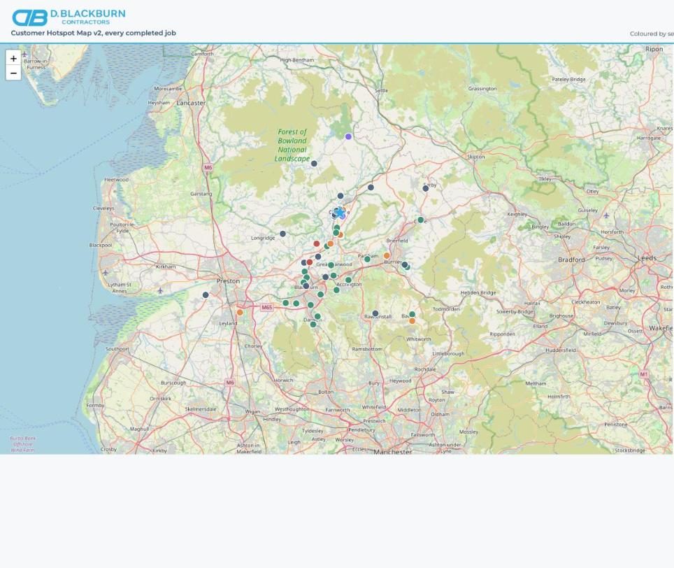 Customer hotspot map showing every completed job across Lancashire